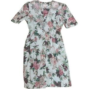 Vintage 80’s Mauve Floral Cottage Core Lace Trim Short Sleeve Short Spring Dress